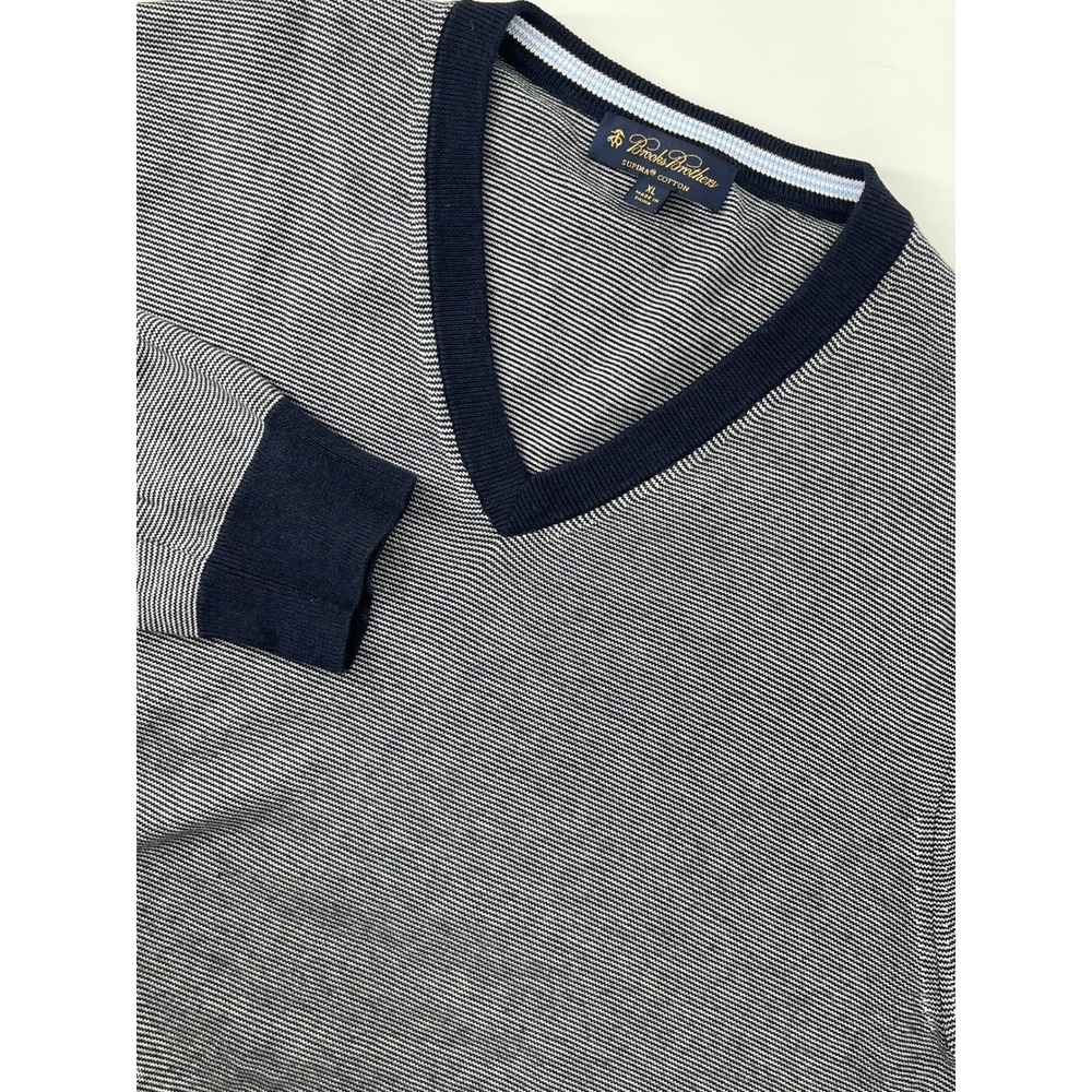Brooks Brothers Mens XL Supima Cotton V-Neck Sweater Navy White Striped Knit